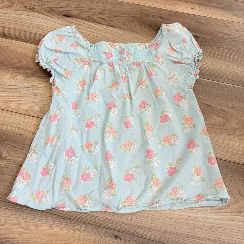 Vintage Osh Kosh Bgosh Top Girls Blue Floral Cotton Button Front Blouse Size 8